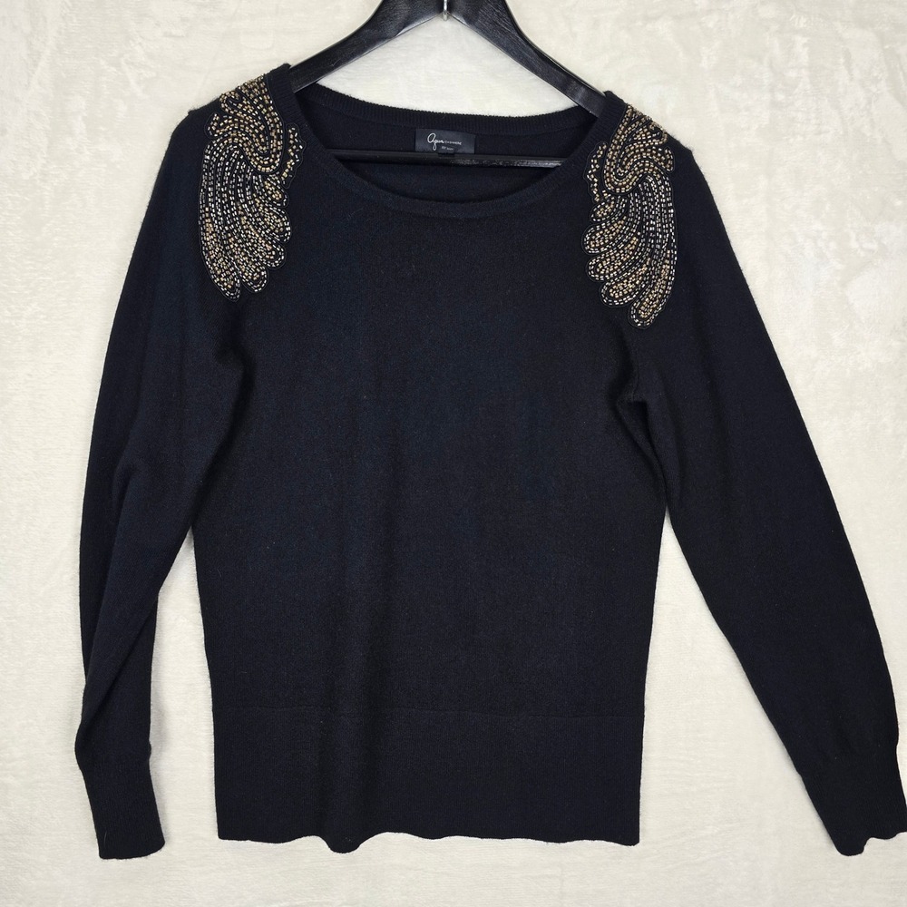 Aqua Cashmere Black Beaded Shoulder Wing Embellished Sweater Womens Large